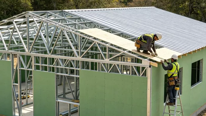 On-site assembly of the structural frame, wall panels, and roof